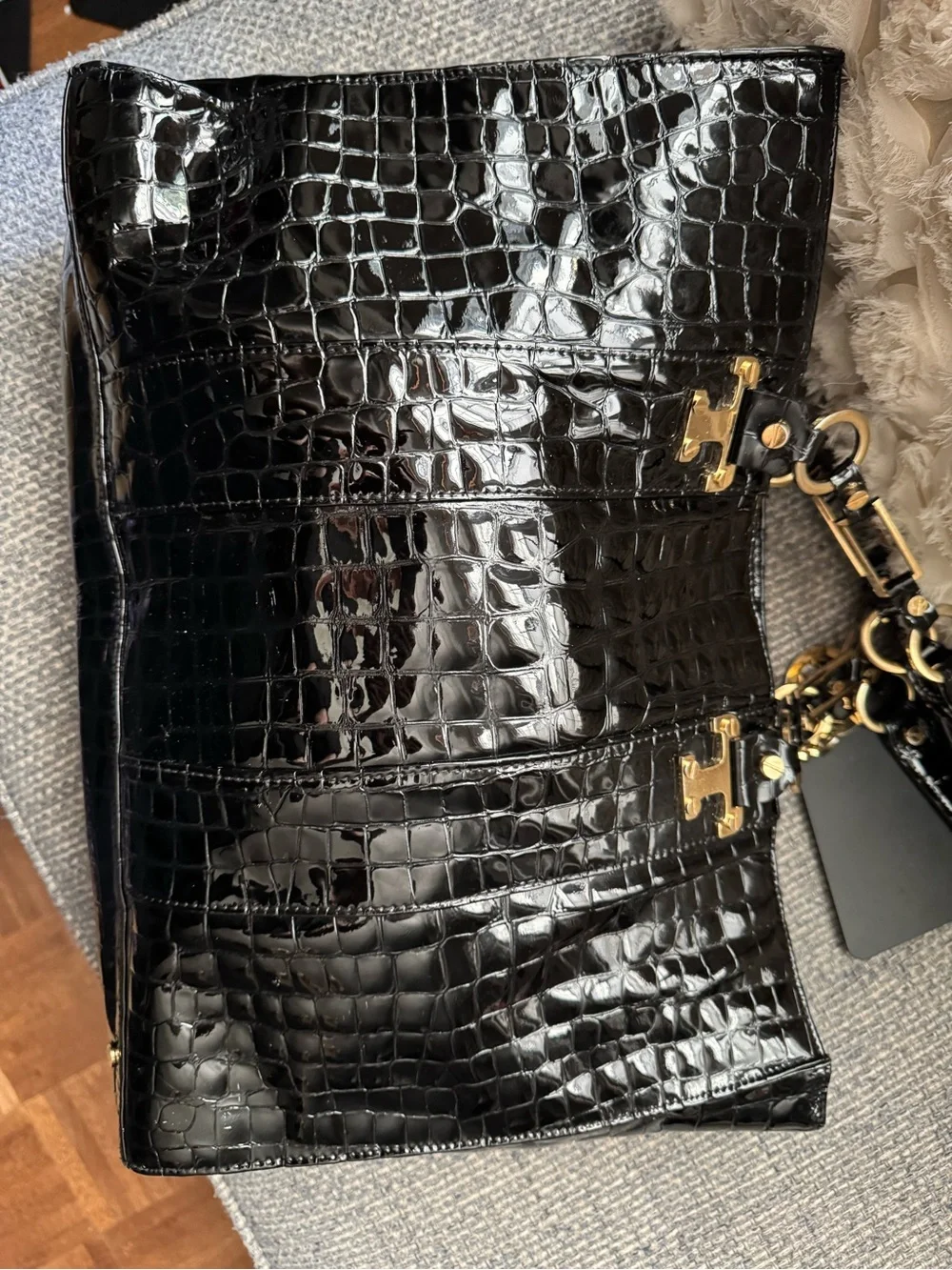 Tory Burch Black Croc-Embossed Patent Leather Tote Shoulder Bag Gold Hardware